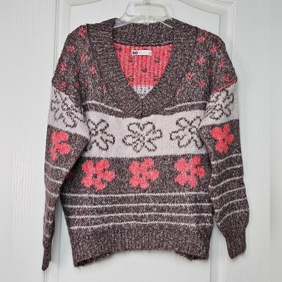 SO Womens V-Neck Pullover Sweater Oversized Chunky Knit Brown Daisy XS - Picture 7 of 12